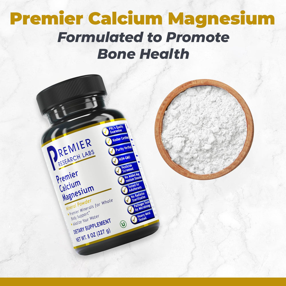 Premier calcium magnesium powder mixed into a glass of water for daily balance.