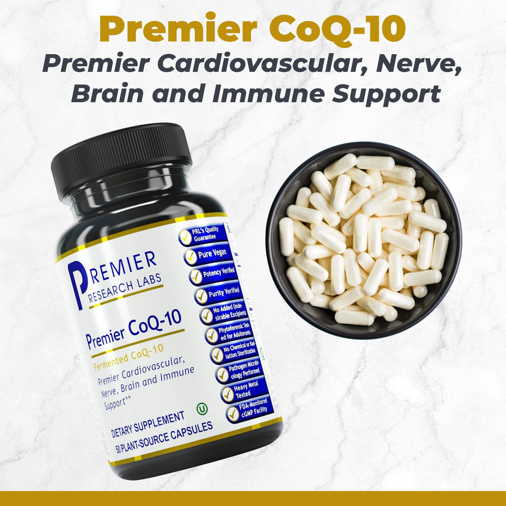 Premier Research Labs CoQ10 capsules 100 mg on white background, convenient daily energy support