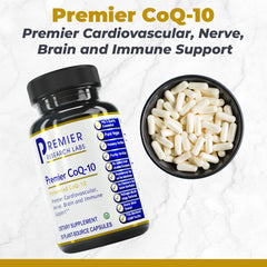Premier Research Labs CoQ10 capsules 100 mg on white background, convenient daily energy support