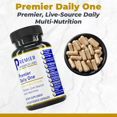 Premier Daily One capsules close-up highlighting the veggie blend in a daily supplement.