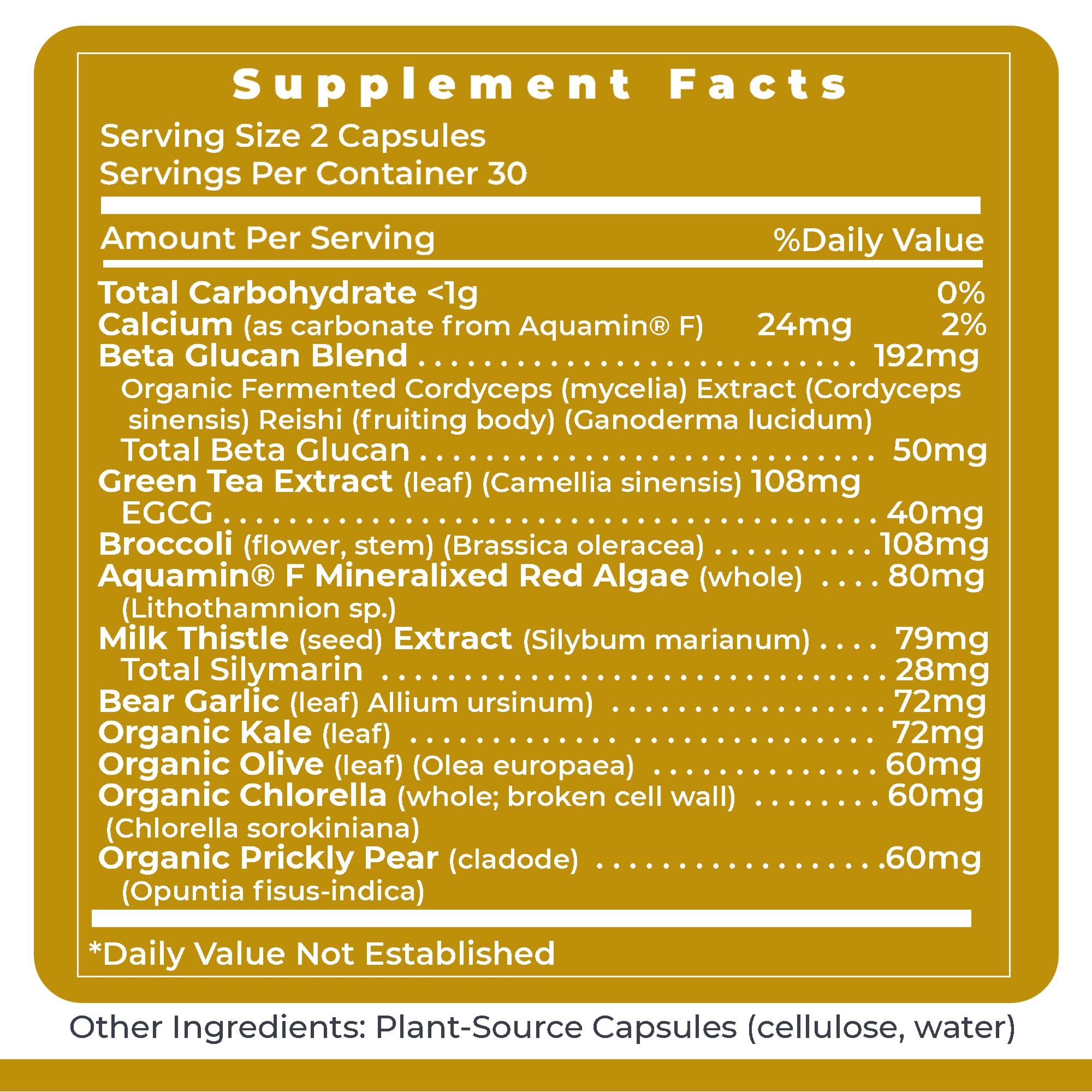 Premier Daily One fermented cordyceps product image illustrating 50 mg Beta Glucan for immune support.