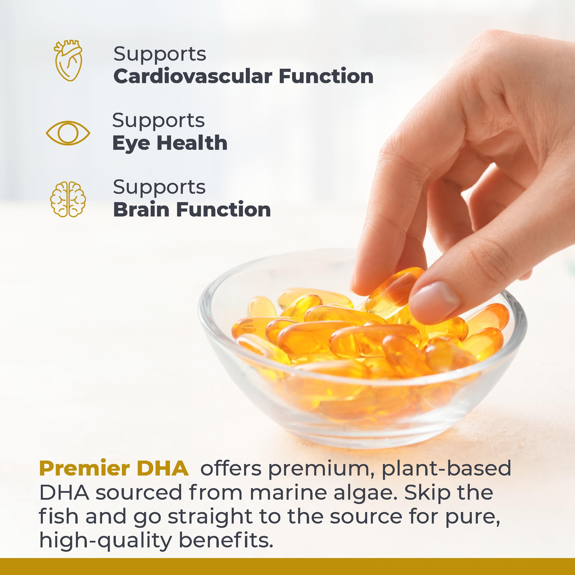 Premier DHA bottle front view showcases premium algae-based DHA