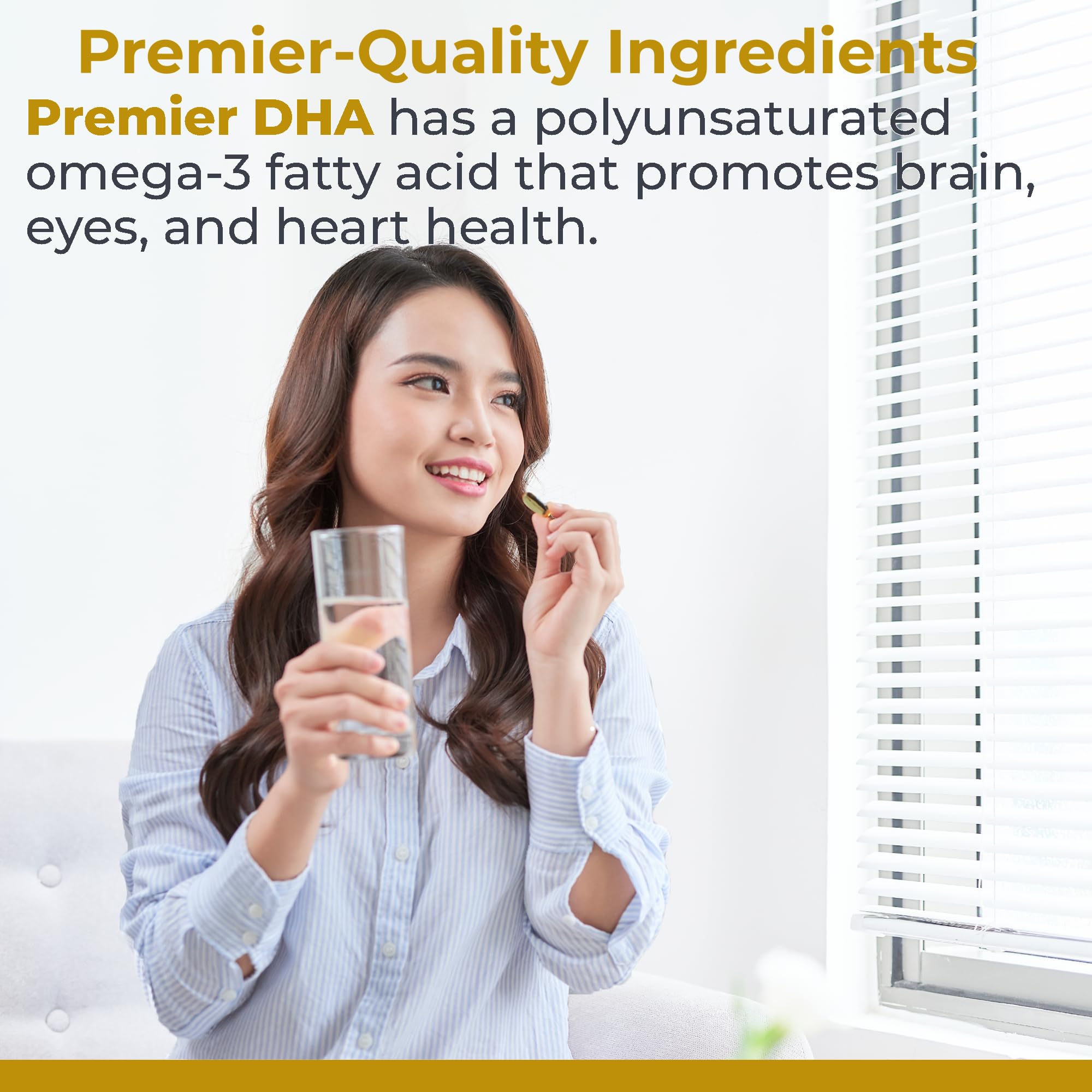 Premier DHA label on bottle communicates high quality vegan omega-3