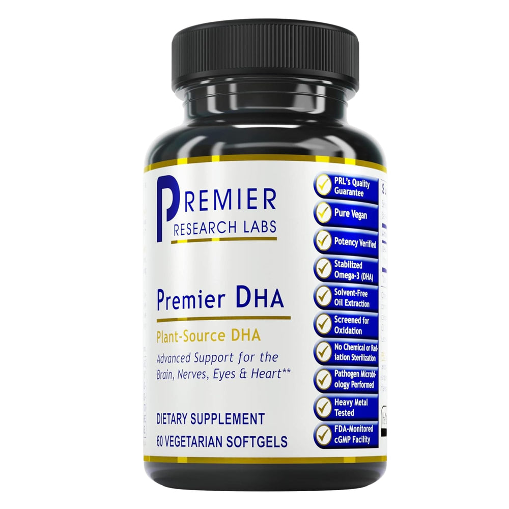Premier DHA vegan softgels in bottle pour support daily brain and heart health