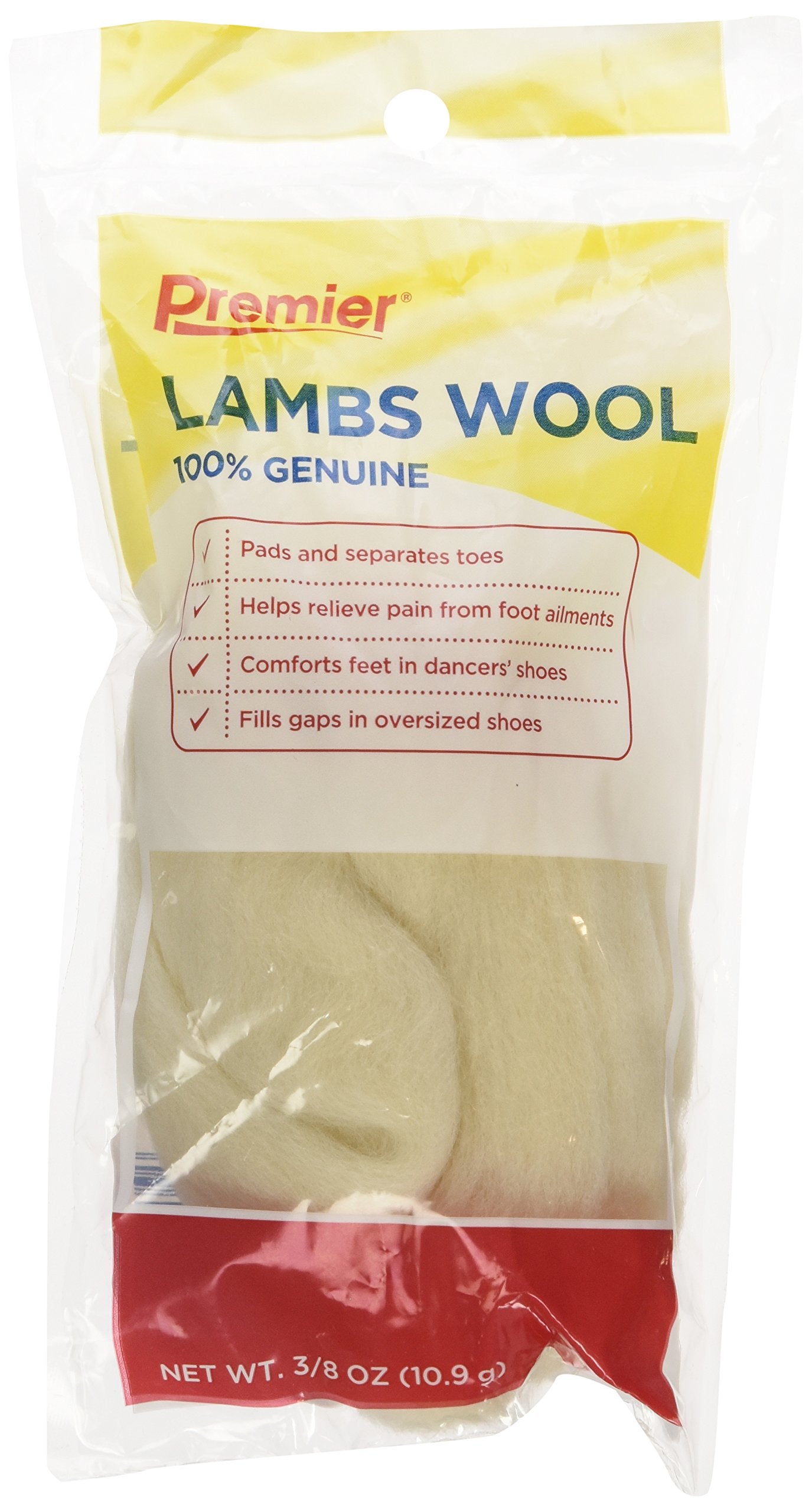 Premier Lambs Wool toe cushion sits between toes for enhanced comfort during practice.