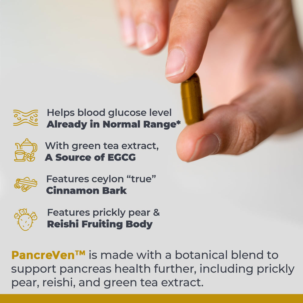 Premier PancreVen bottle label highlighting prickly pear and reishi botanicals.
