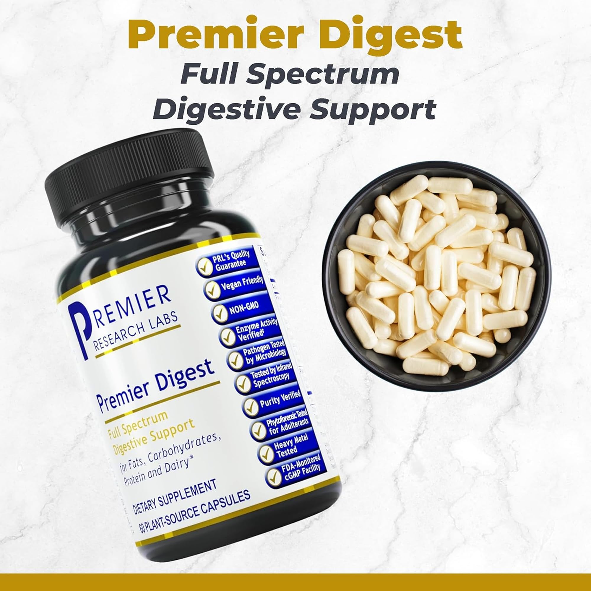 Close-up of Premier Research Labs Active Digestive Enzymes capsules for daily use.