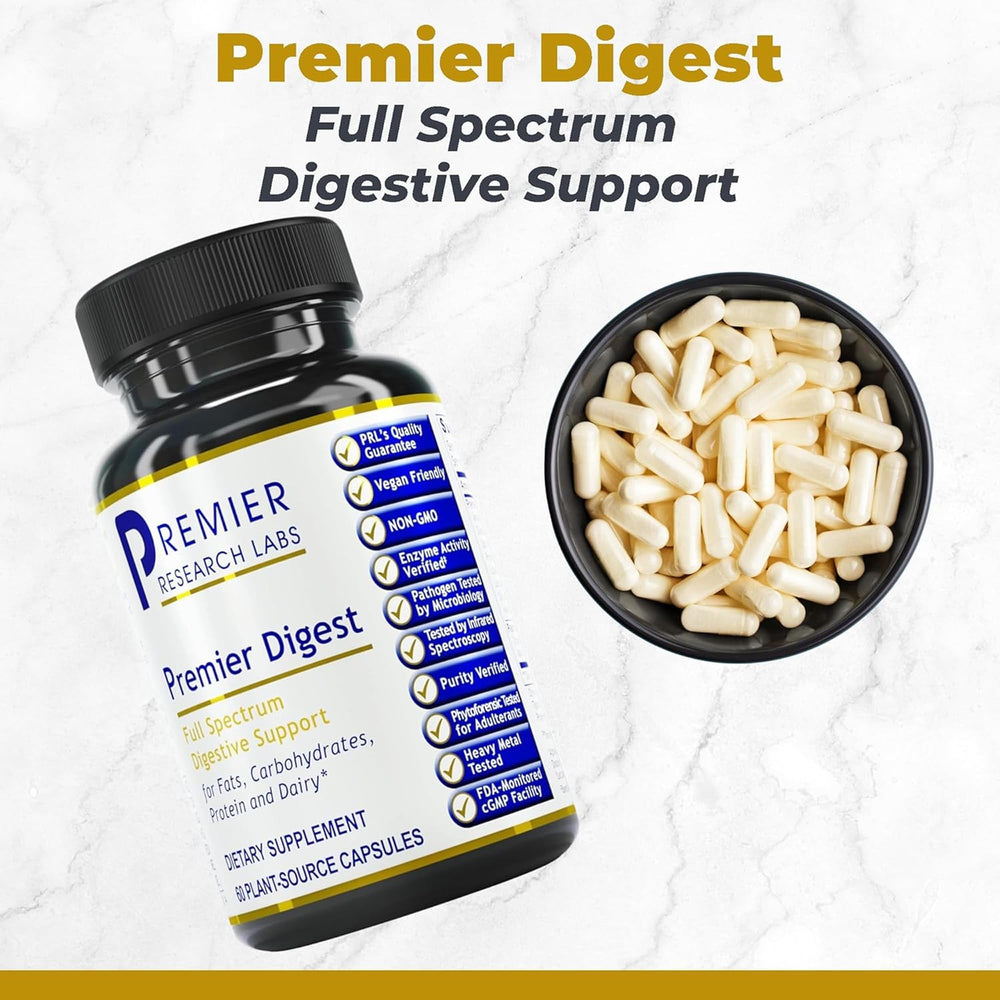 Close-up of Premier Research Labs Active Digestive Enzymes capsules for daily use.