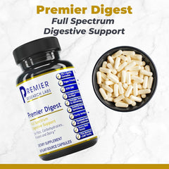 Close-up of Premier Research Labs Active Digestive Enzymes capsules for daily use.