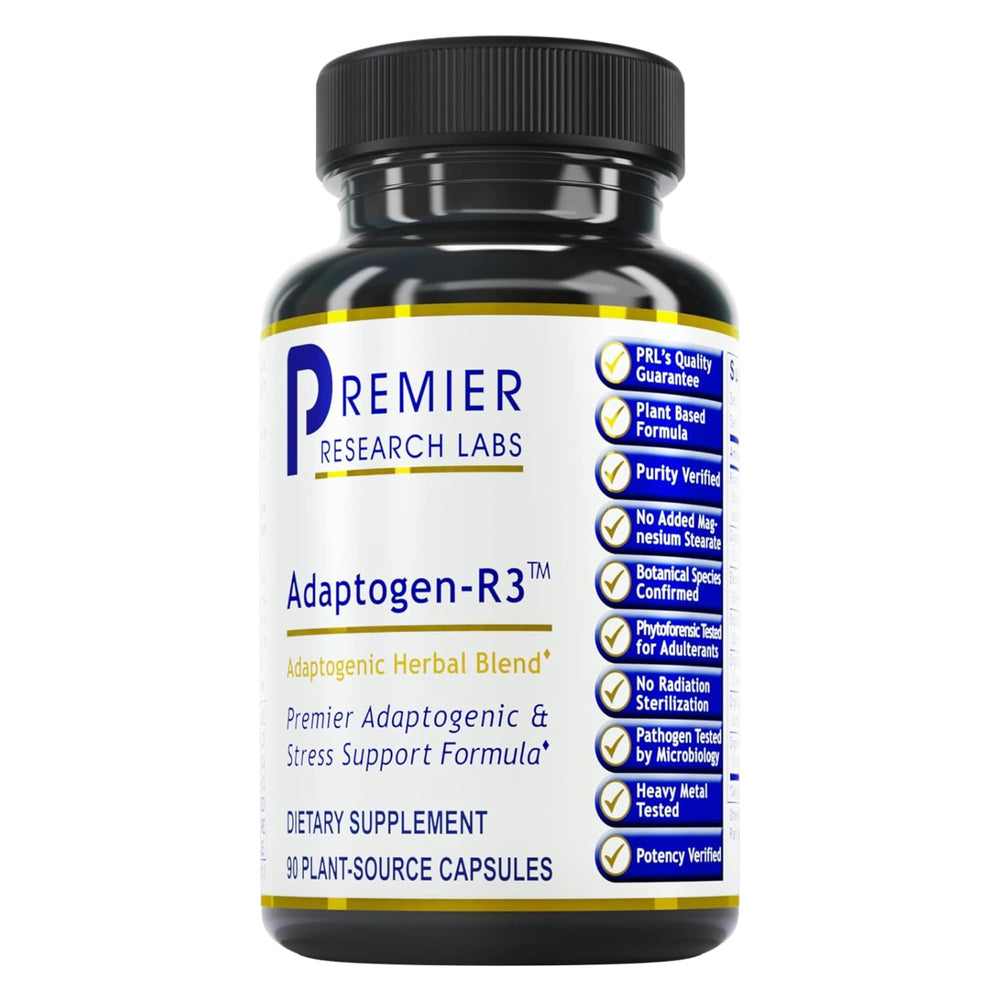 Premier Research Labs Adaptogen-R3 bottle front with herbal blend for stress support