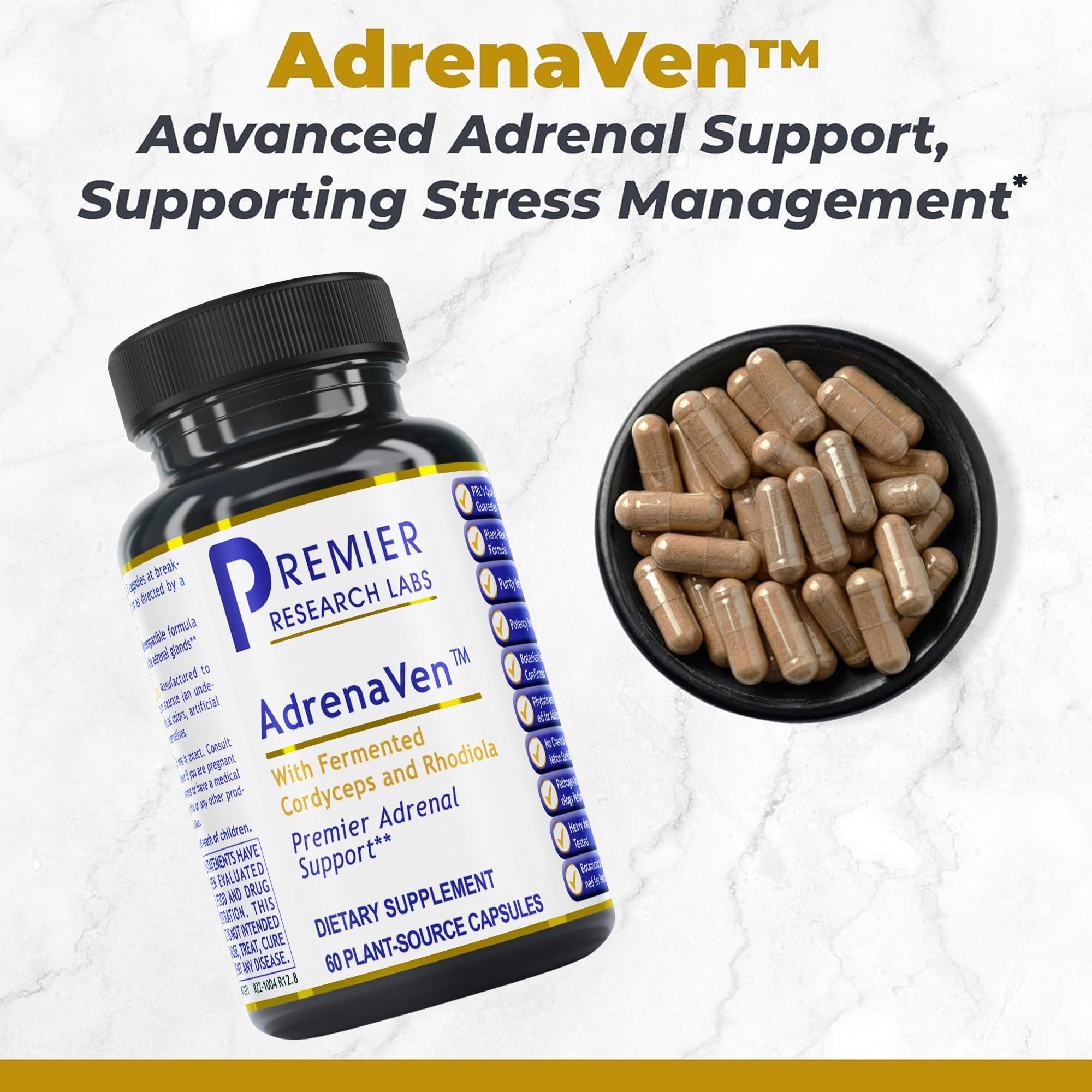 AdrenaVen packaging highlights organic adaptogens for potential stress management.