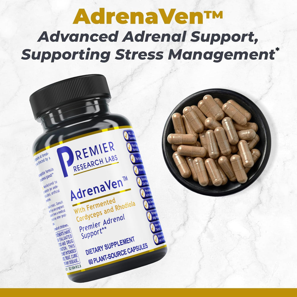 AdrenaVen packaging highlights organic adaptogens for potential stress management.