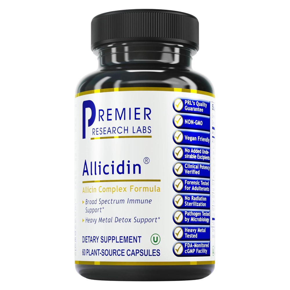 Premier Research Labs Allicidin bottle front shows odorless garlic capsules for everyday immune support