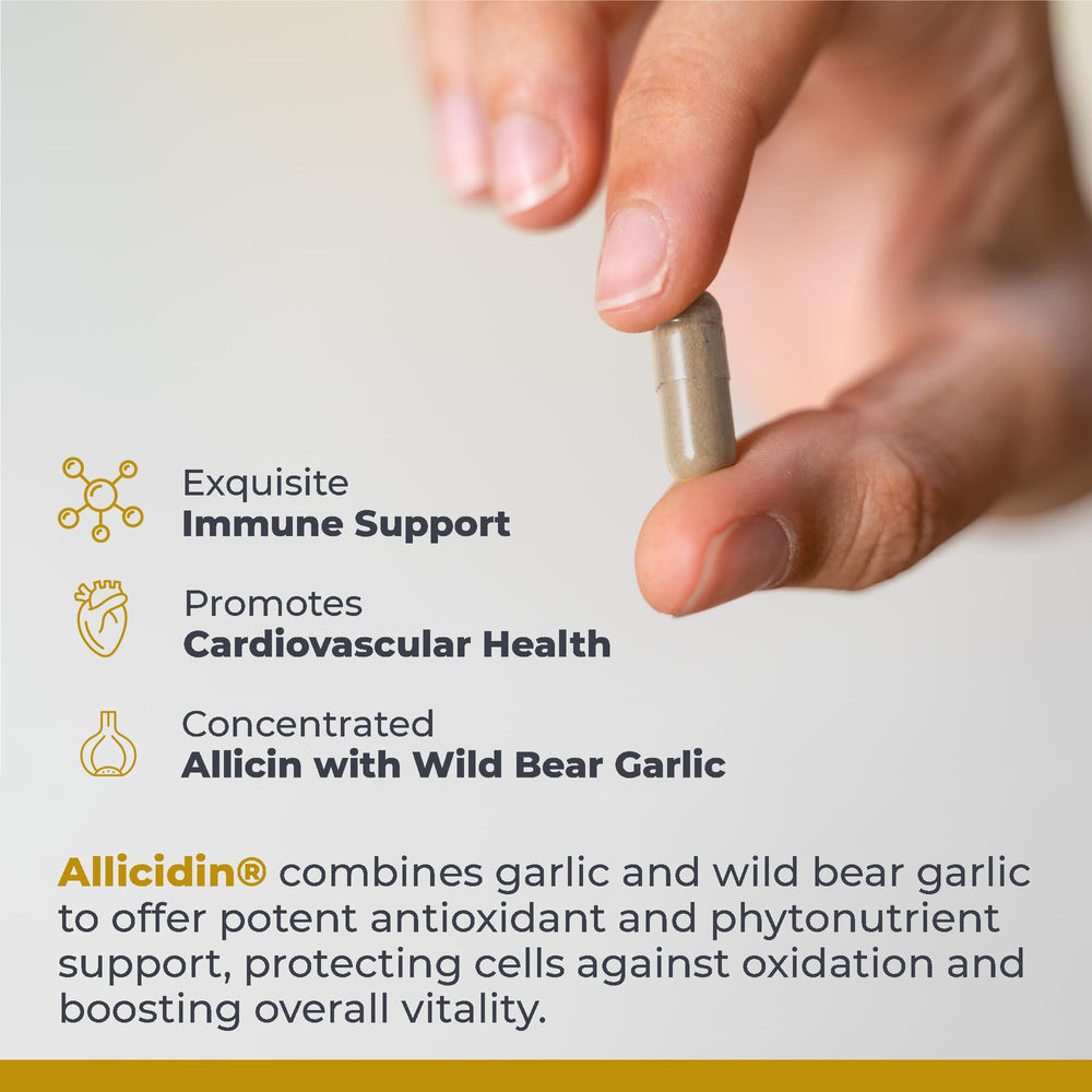 Label close-up on Allicidin hints at cardiovascular support and detox potential