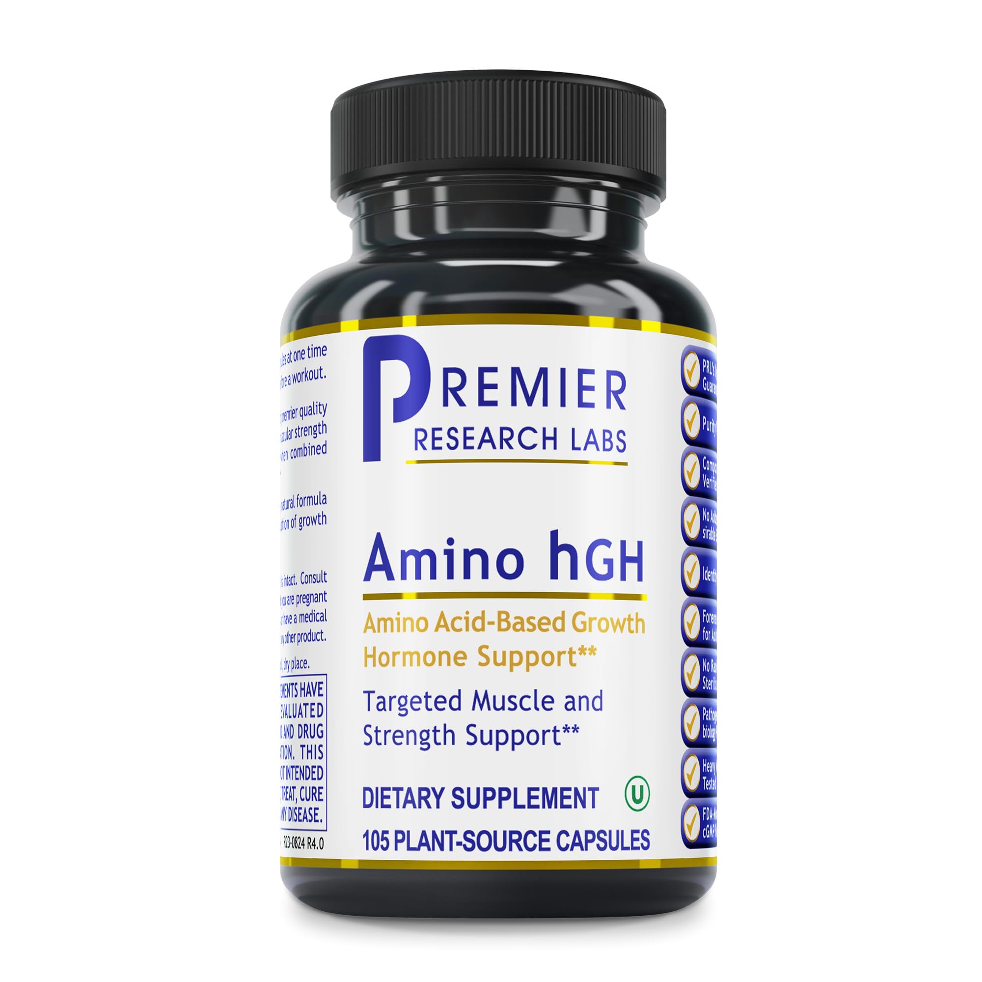 Premier Research Labs Amino HGH bottle label closeup, showcasing a premium amino acid blend for muscle support.