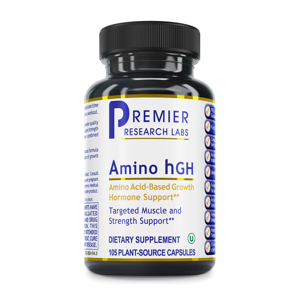 Premier Research Labs Amino HGH bottle label closeup, showcasing a premium amino acid blend for muscle support.