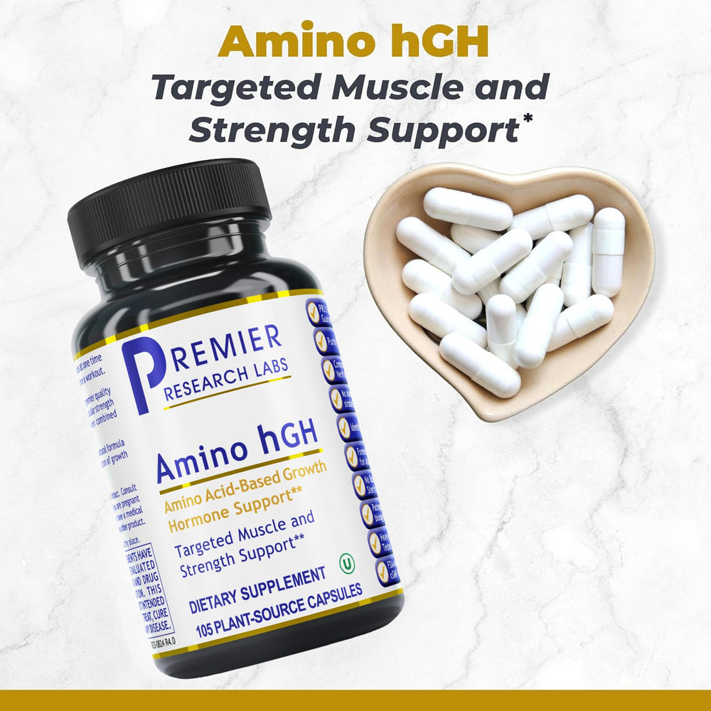 Premier Research Labs Amino HGH capsules neatly arranged, highlighting convenient daily protein and growth support.