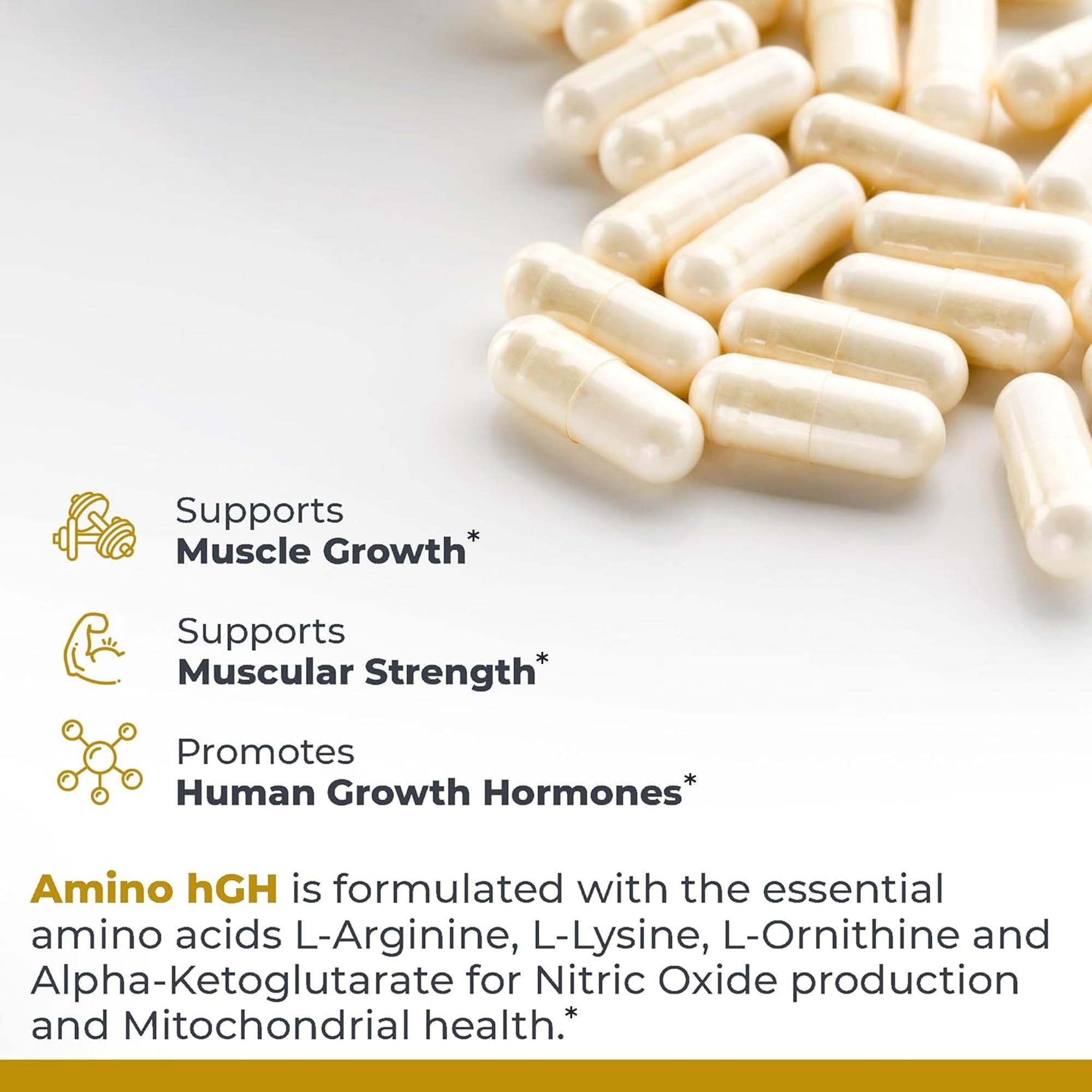 Premier Research Labs Amino HGH packaging with ingredients list, underscoring essential amino acids for muscle formation.