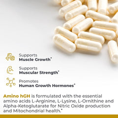 Premier Research Labs Amino HGH packaging with ingredients list, underscoring essential amino acids for muscle formation.