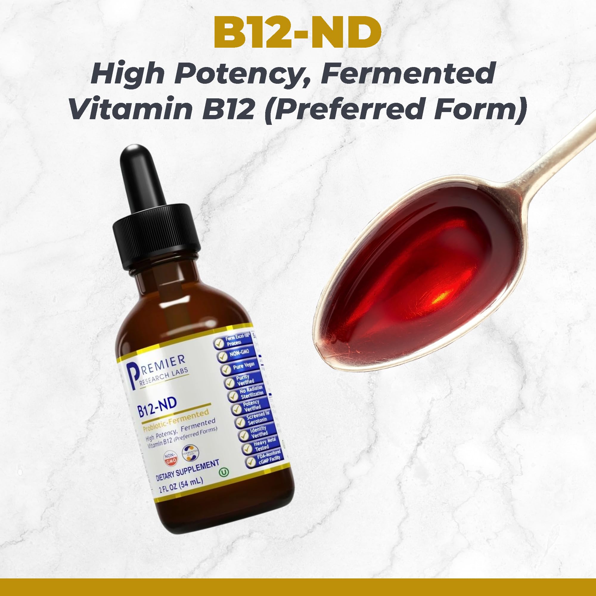 Premier Research Labs B12-ND dropper close-up showing probiotic fermented tincture use.