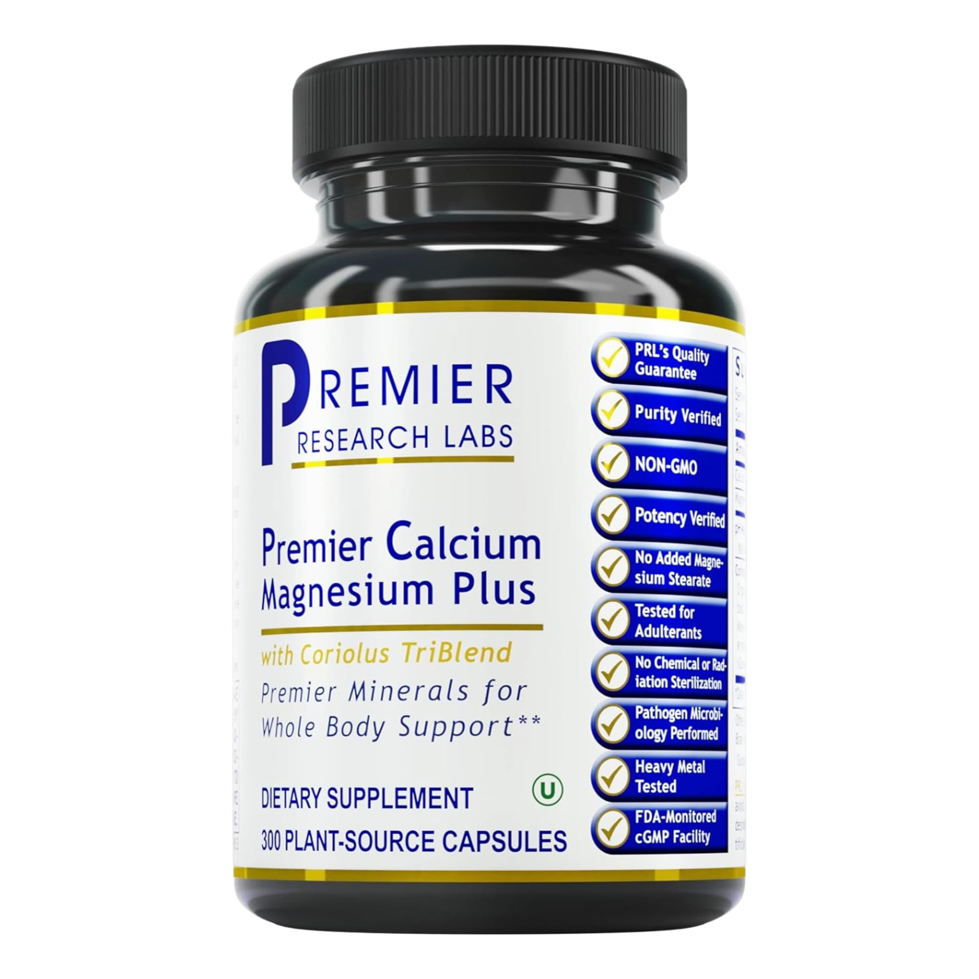 Premier Research Labs Calcium Magnesium Plus bottle cap close-up for balanced minerals