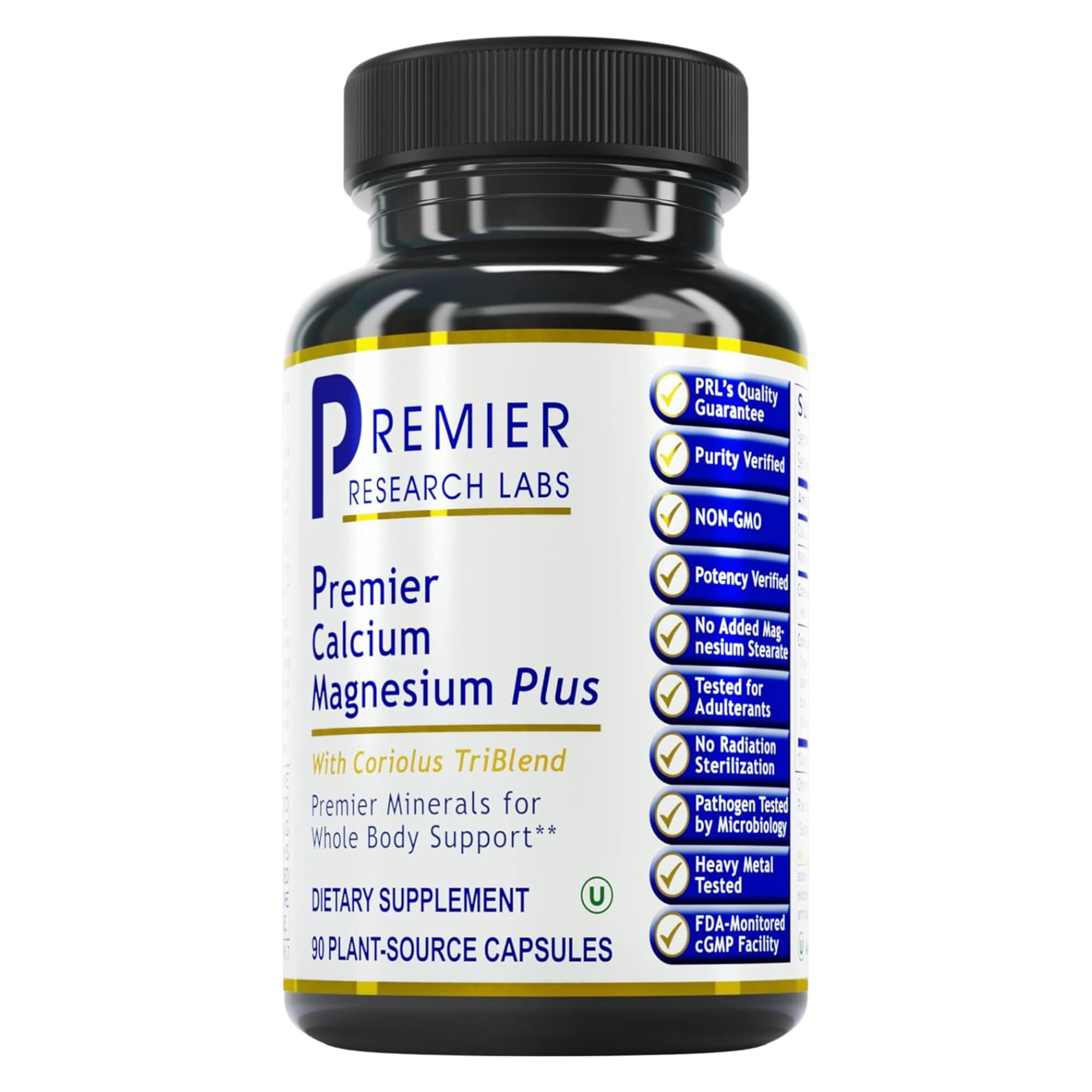 Premier Research Labs Calcium Magnesium Plus bottle front highlights bone health in a vegan formula.