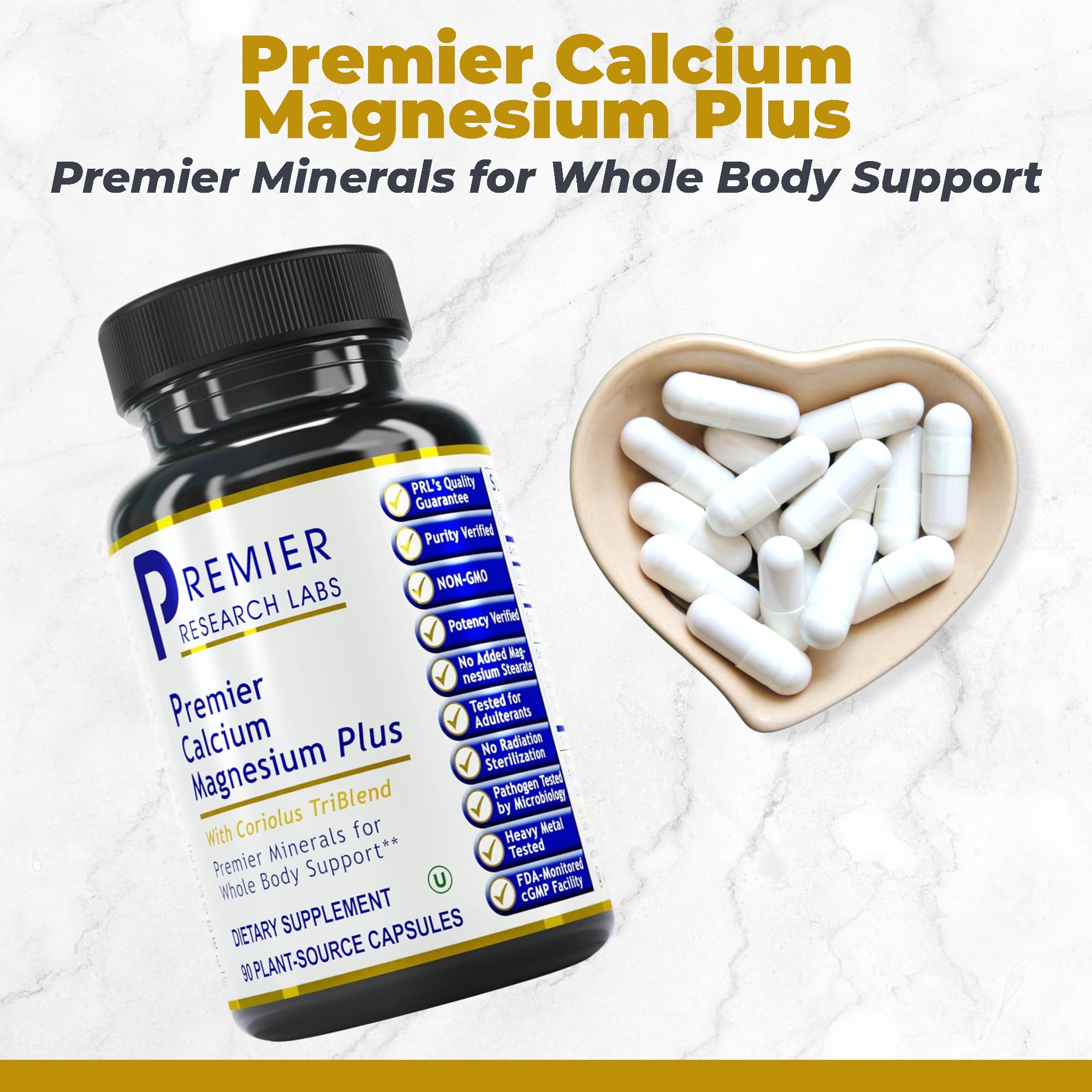 Premier Research Labs Calcium Magnesium Plus bottle label shows clean ingredients and vegan sourcing.
