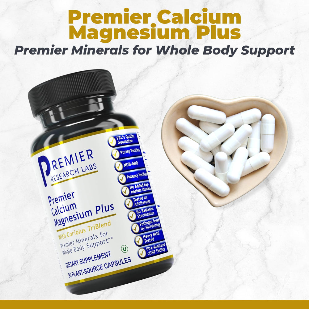 Premier Research Labs Calcium Magnesium Plus bottle label shows clean ingredients and vegan sourcing.