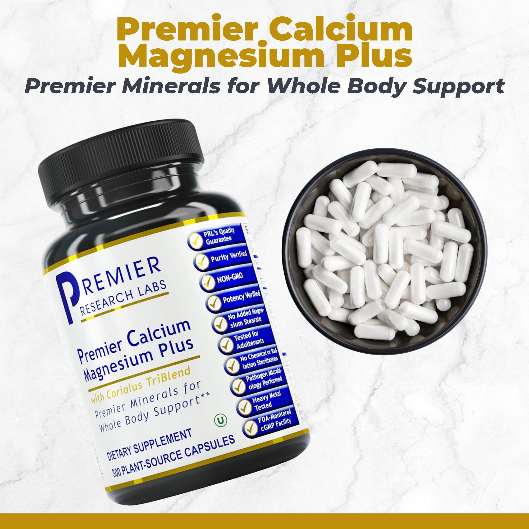 Premier Research Labs Calcium Magnesium Plus capsules shown for easy daily supplementation