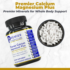 Premier Research Labs Calcium Magnesium Plus capsules shown for easy daily supplementation