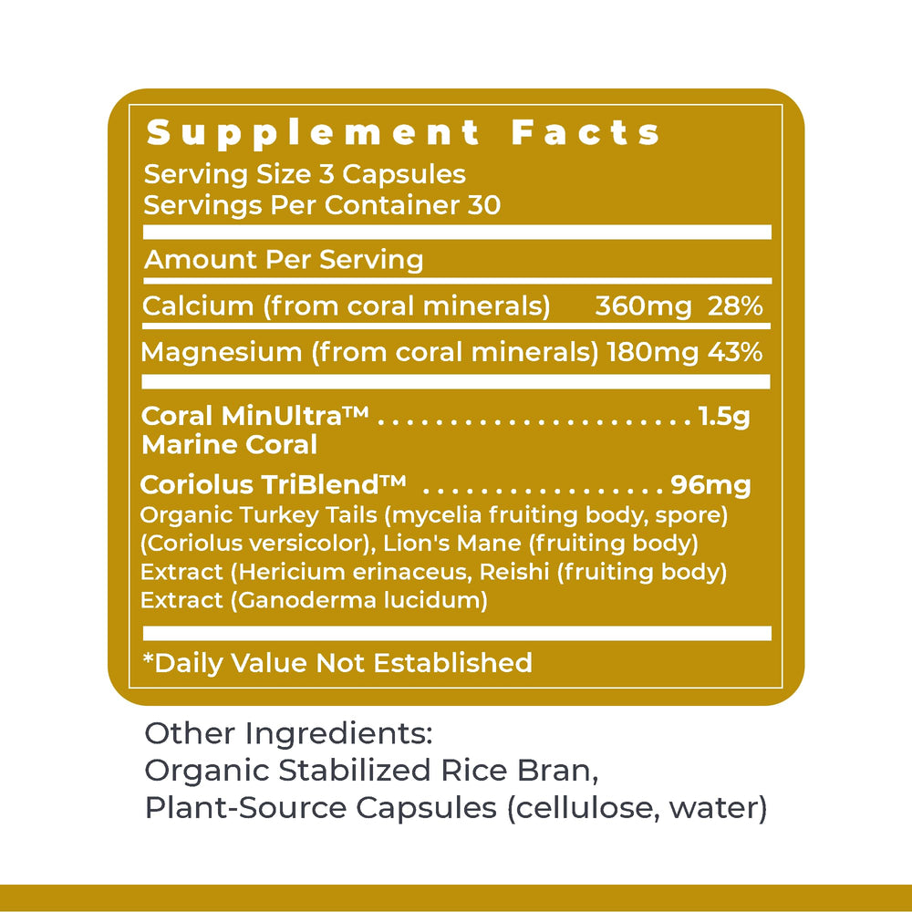 Premier Research Labs Calcium Magnesium Plus ingredients panel highlights marine coral minerals.