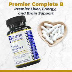 Complete B bottle label close-up highlighting biotin for hair health and vitality