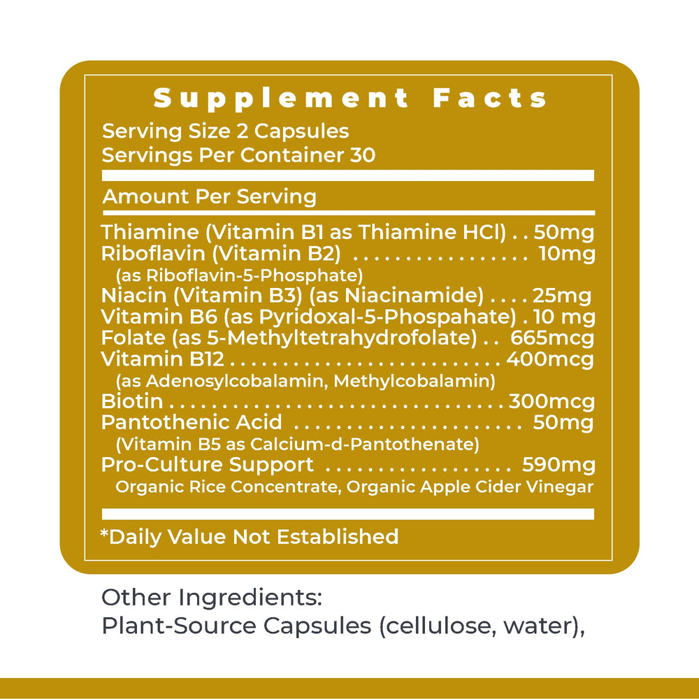 Label close-up on Complete B highlighting vitamin B complex benefits
