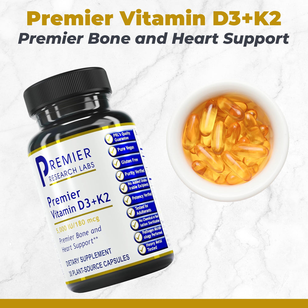 Premier Research Labs D3 K2 capsules highlight vegan, gluten-free formula for daily wellness.