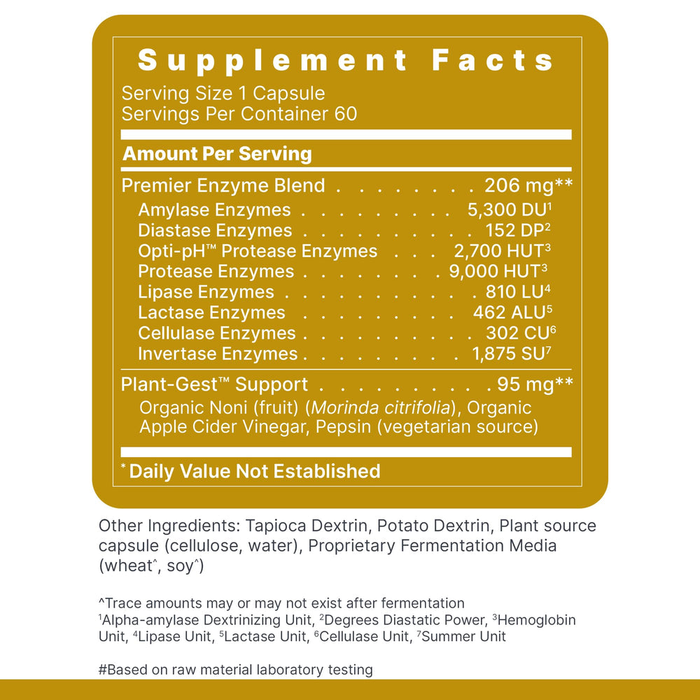 Digestive routine with meals featuring Premier Research Labs enzymes for daily use.