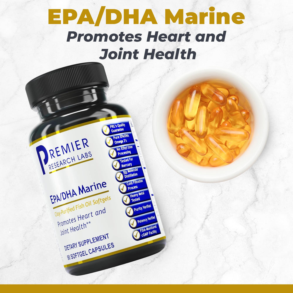 Close-up of Premier Research Labs EPA DHA softgels capsules