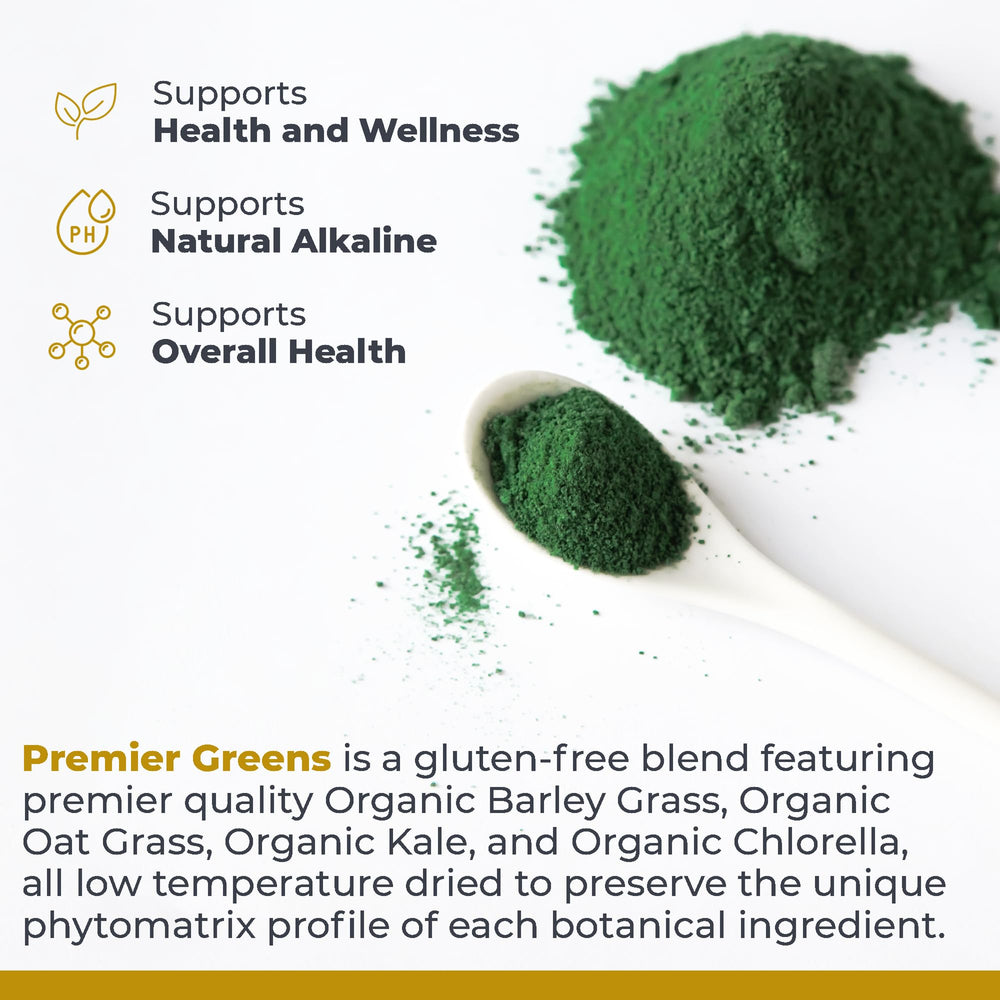 Premier Research Labs Greens Capsules jar; convenient storage for everyday use.