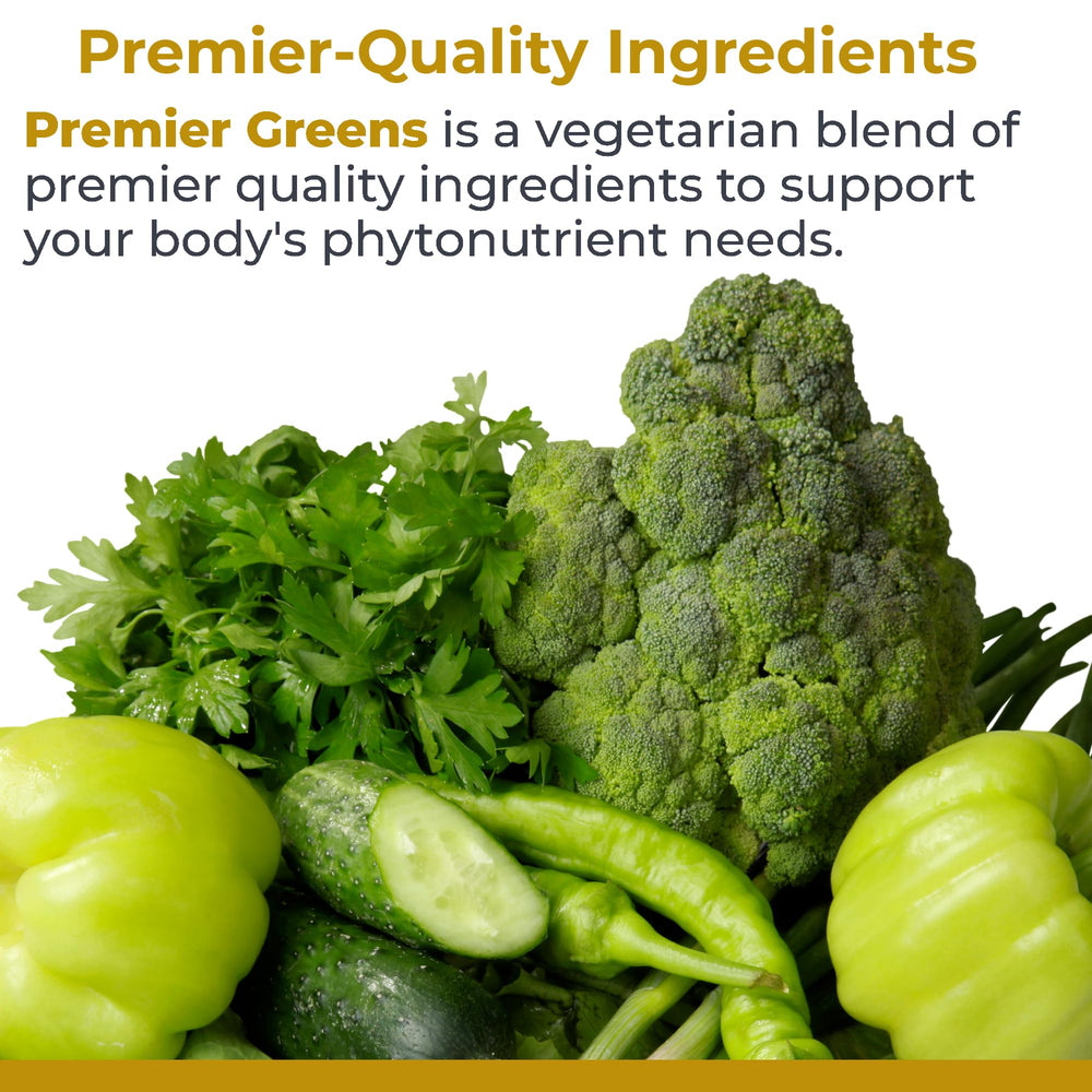 Premier Research Labs Greens Capsules label close-up; premium ingredients highlighted for quality.