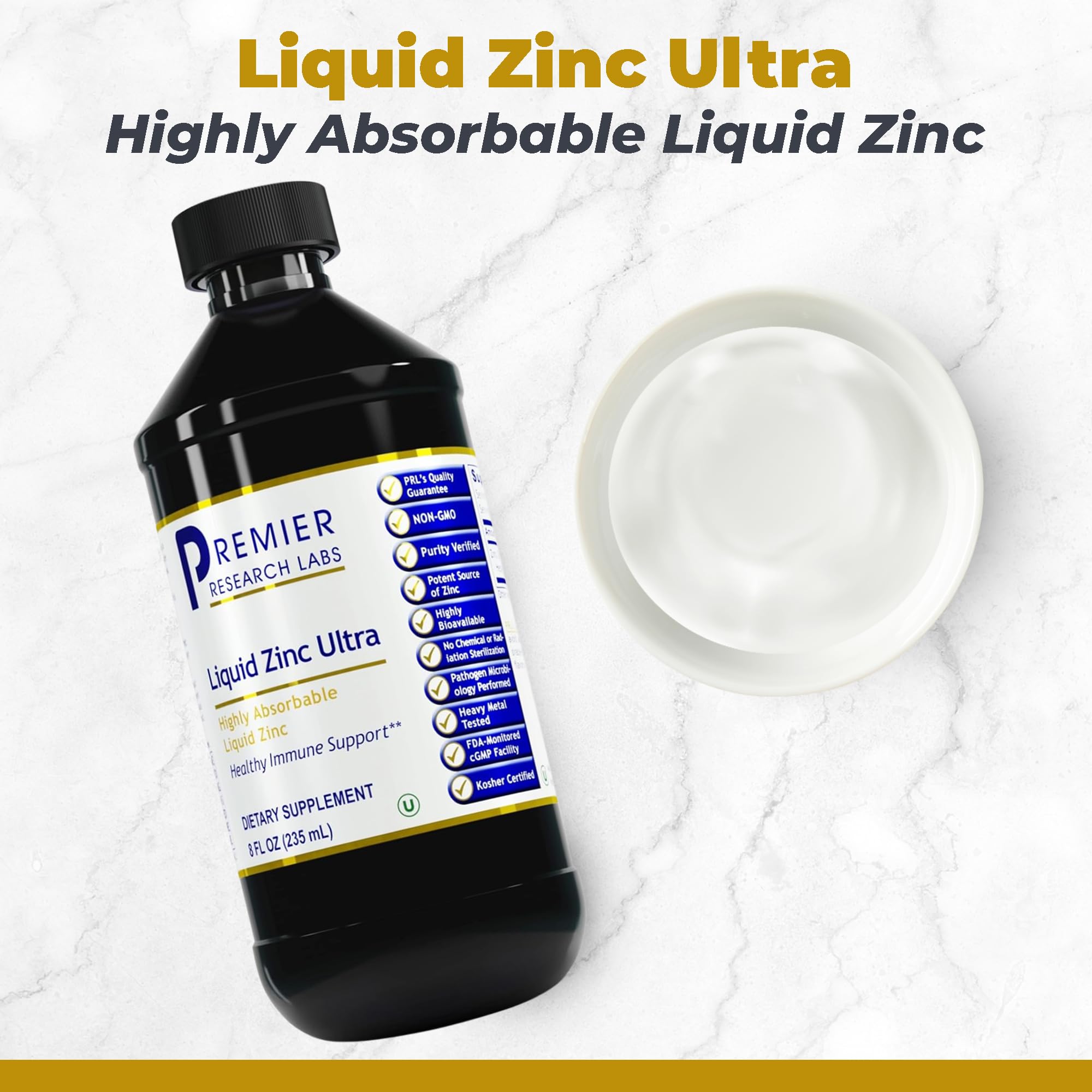 Premier Research Labs Liquid Zinc Ultra drops mixed in water for daily wellness.