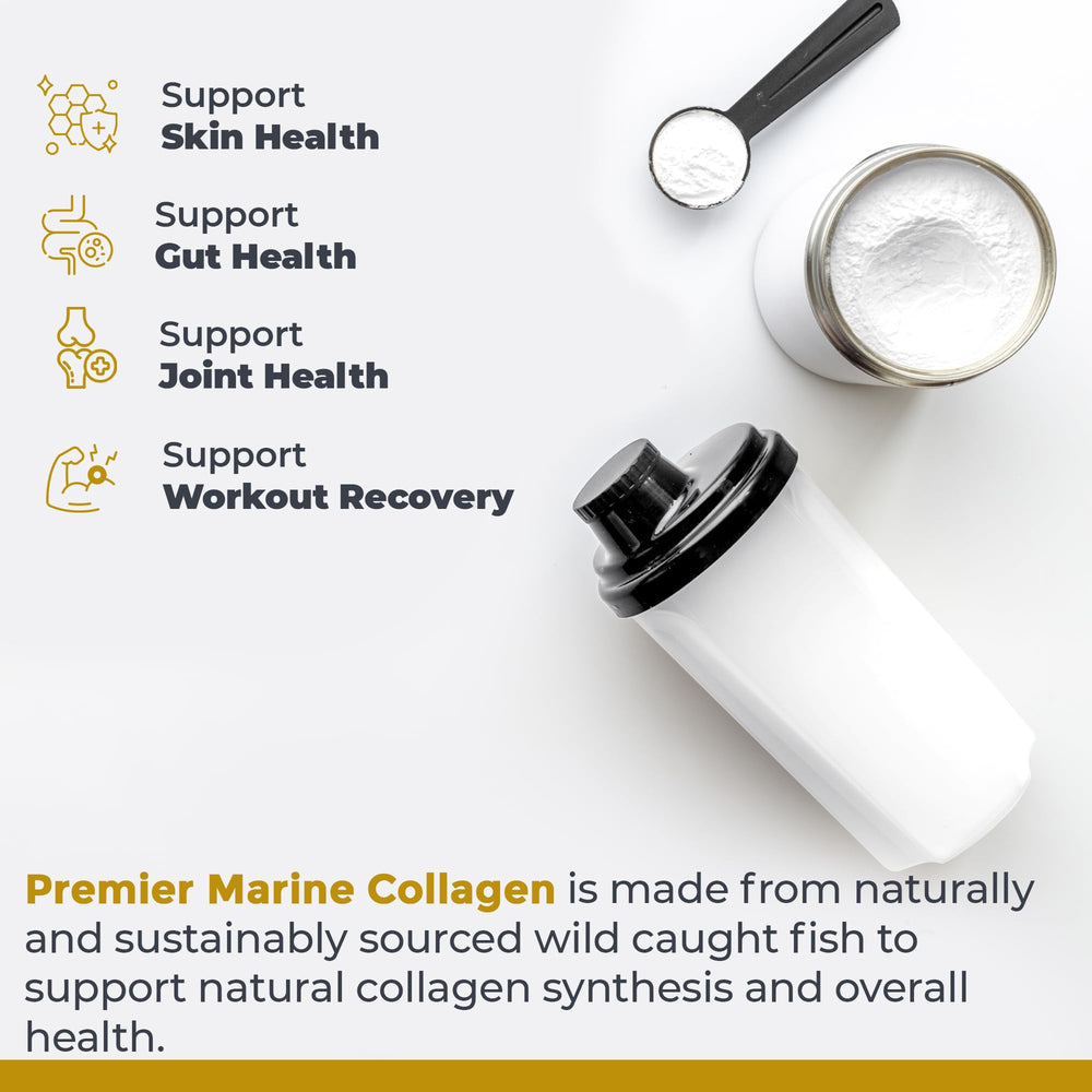 Premier Research Labs Marine Collagen stirred in beverage for potential skin benefits.