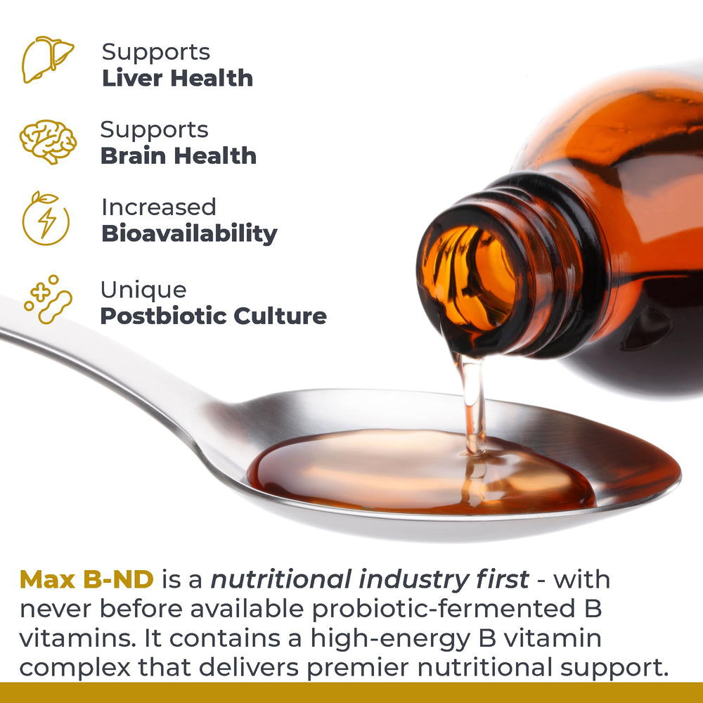 Premier Research Labs Max B-ND liver and brain health icons illustrating broad B vitamin support.