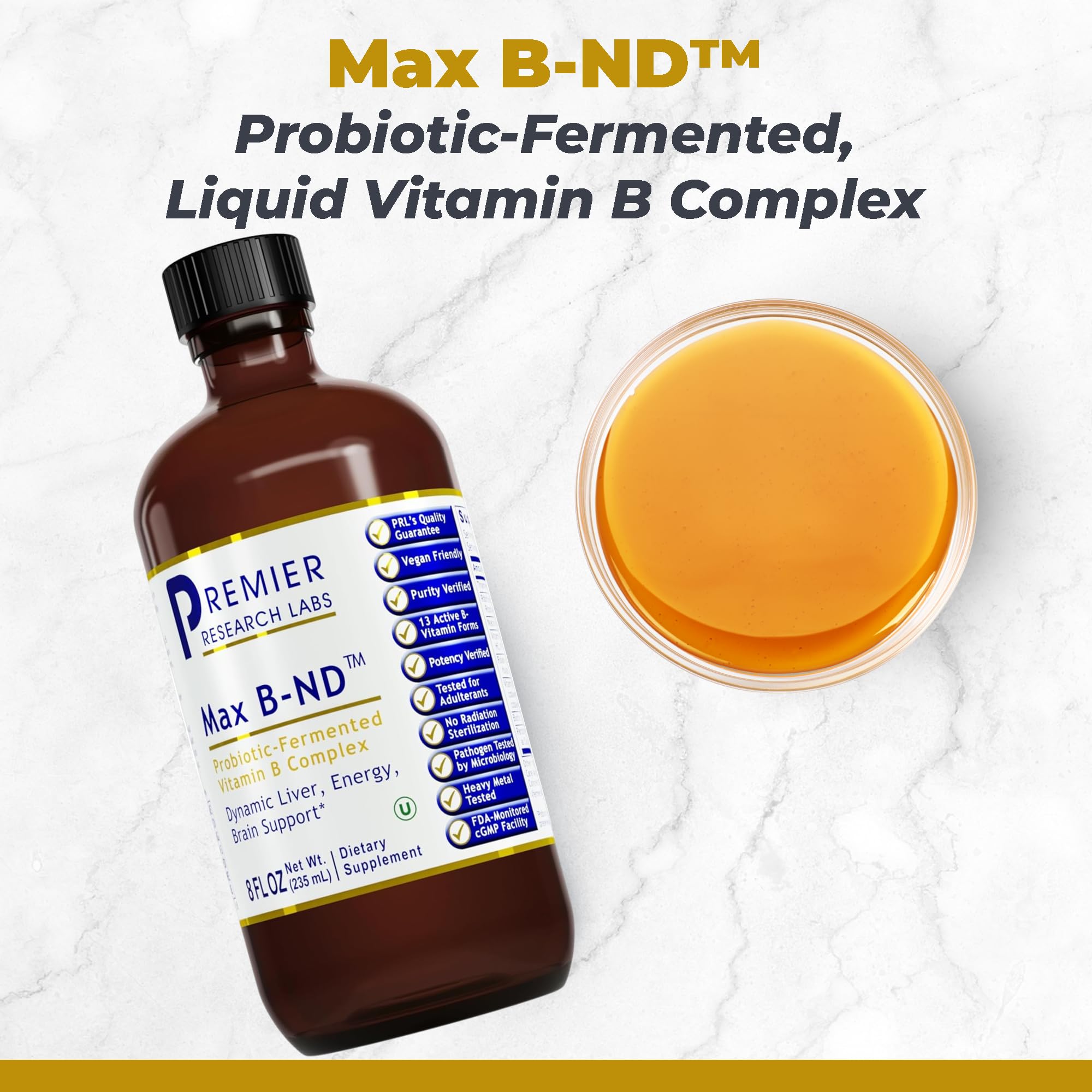 Premier Research Labs Max B-ND sublingual drops bottle closeup for fast absorption and brain health.