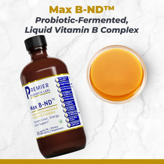 Premier Research Labs Max B-ND sublingual drops bottle closeup for fast absorption and brain health.