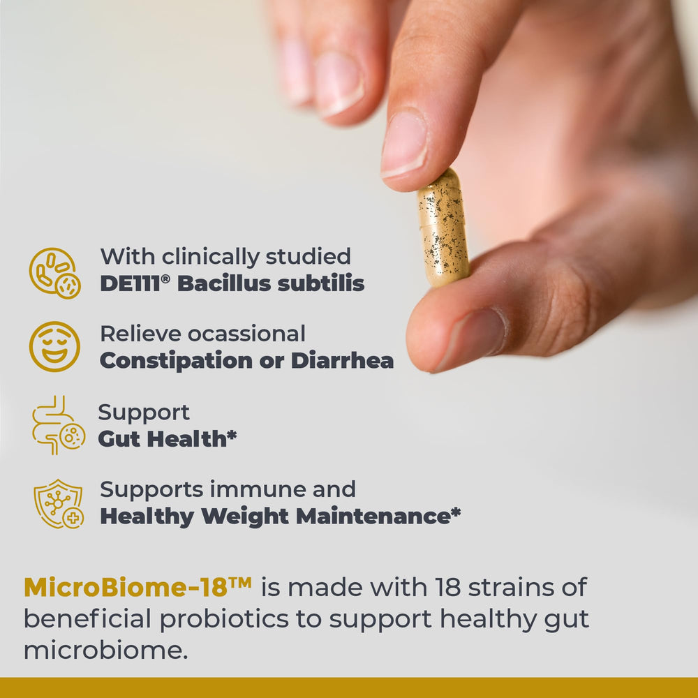 Premier Research Labs MicroBiome-18 label detail showcases core probiotic ingredients