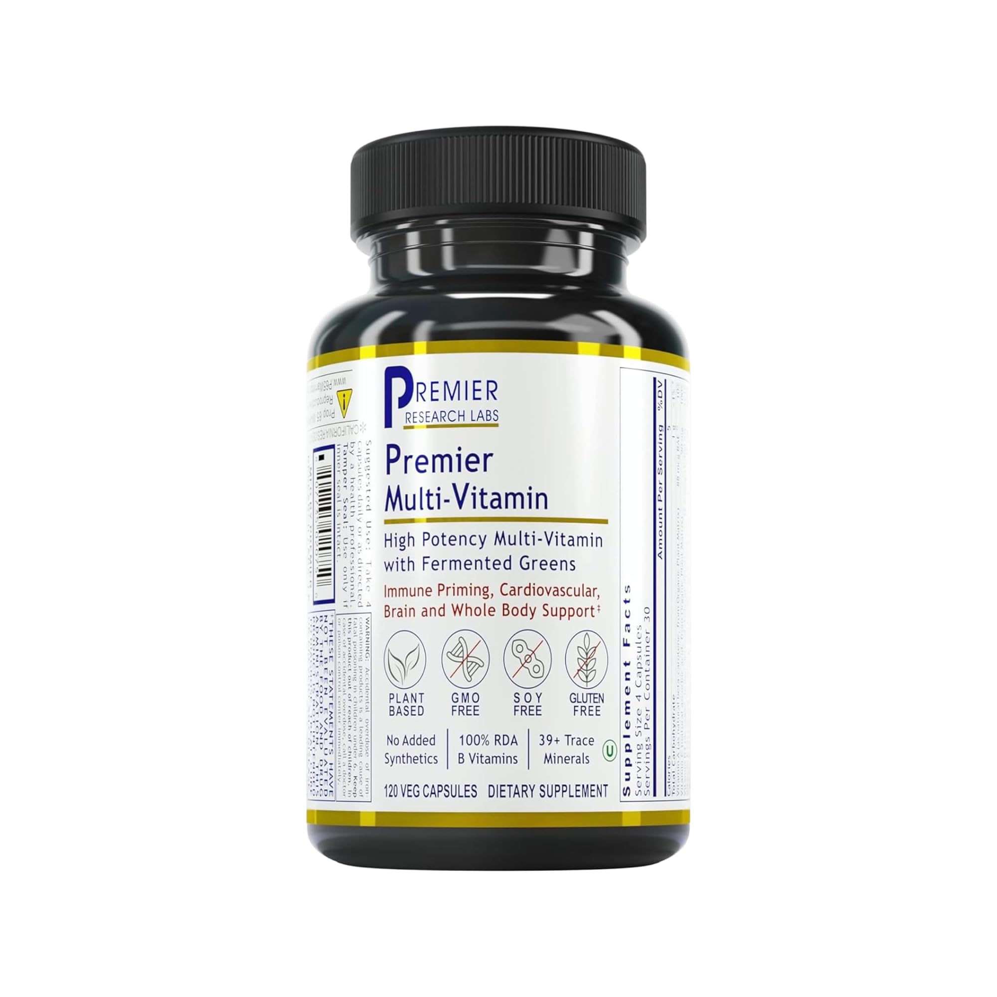 Premier Research Labs multi-vitamin bottle closeup showing vegan capsules for daily immune support.