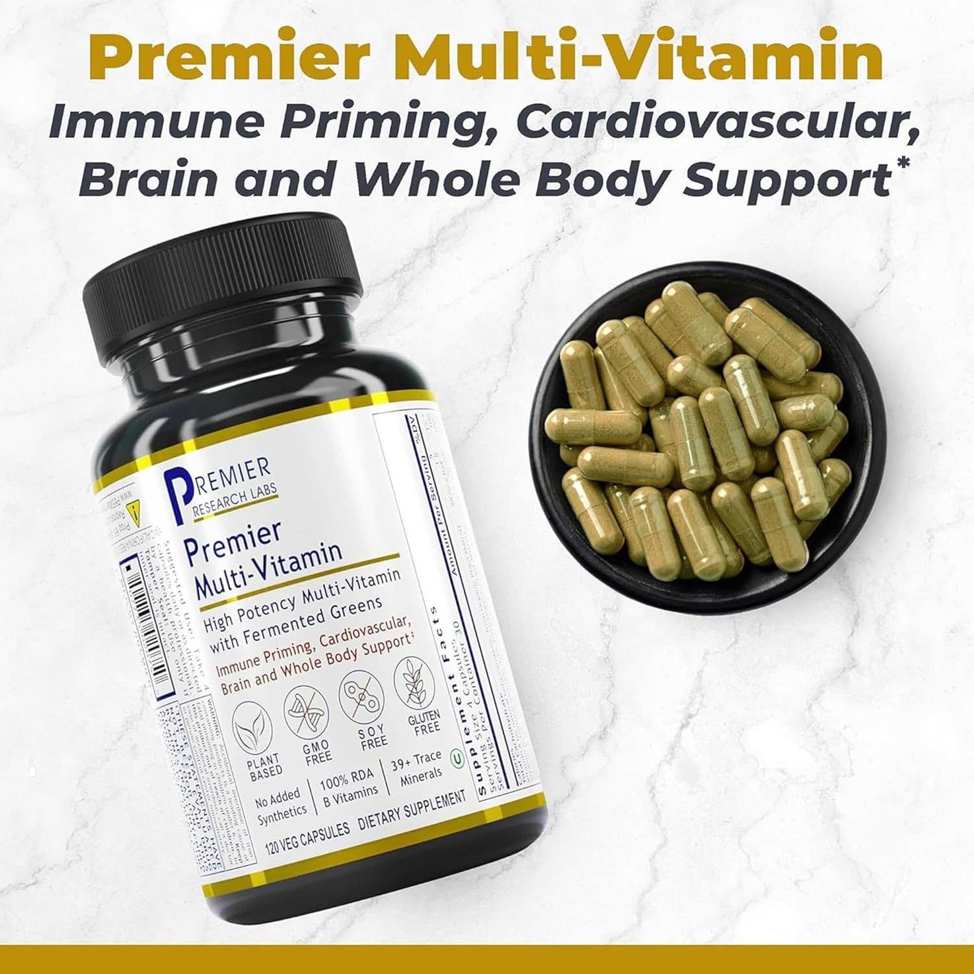Premier Research Labs multi-vitamin bottle label highlighting gluten-free and soy-free vegan formula.