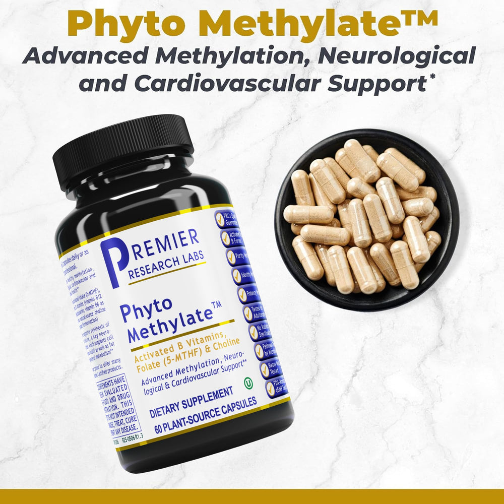 Premier Research Labs Phyto Methylate bottle label close-up showing dosing and ingredients.