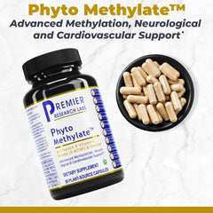 Premier Research Labs Phyto Methylate bottle label close-up showing dosing and ingredients.