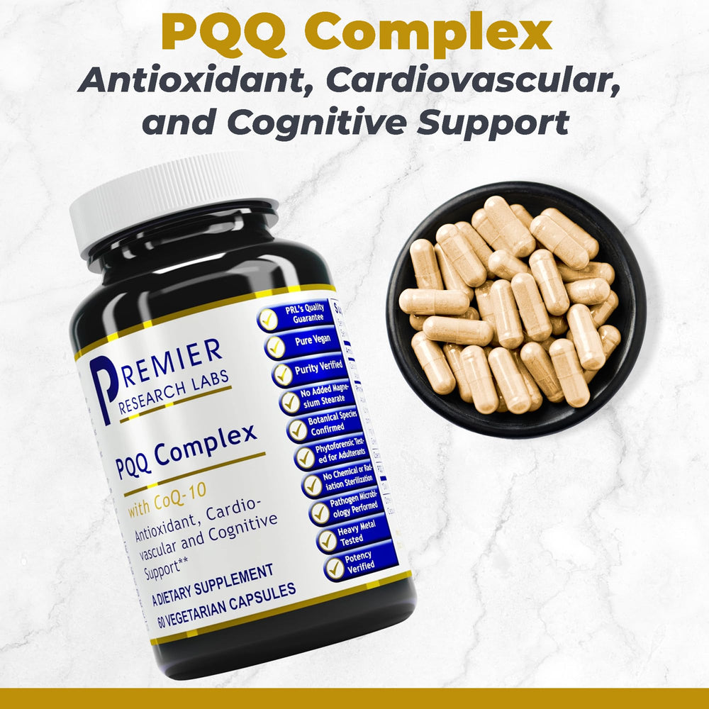 Premier Research Labs PQQ CoQ10 capsules close-up for daily vitality