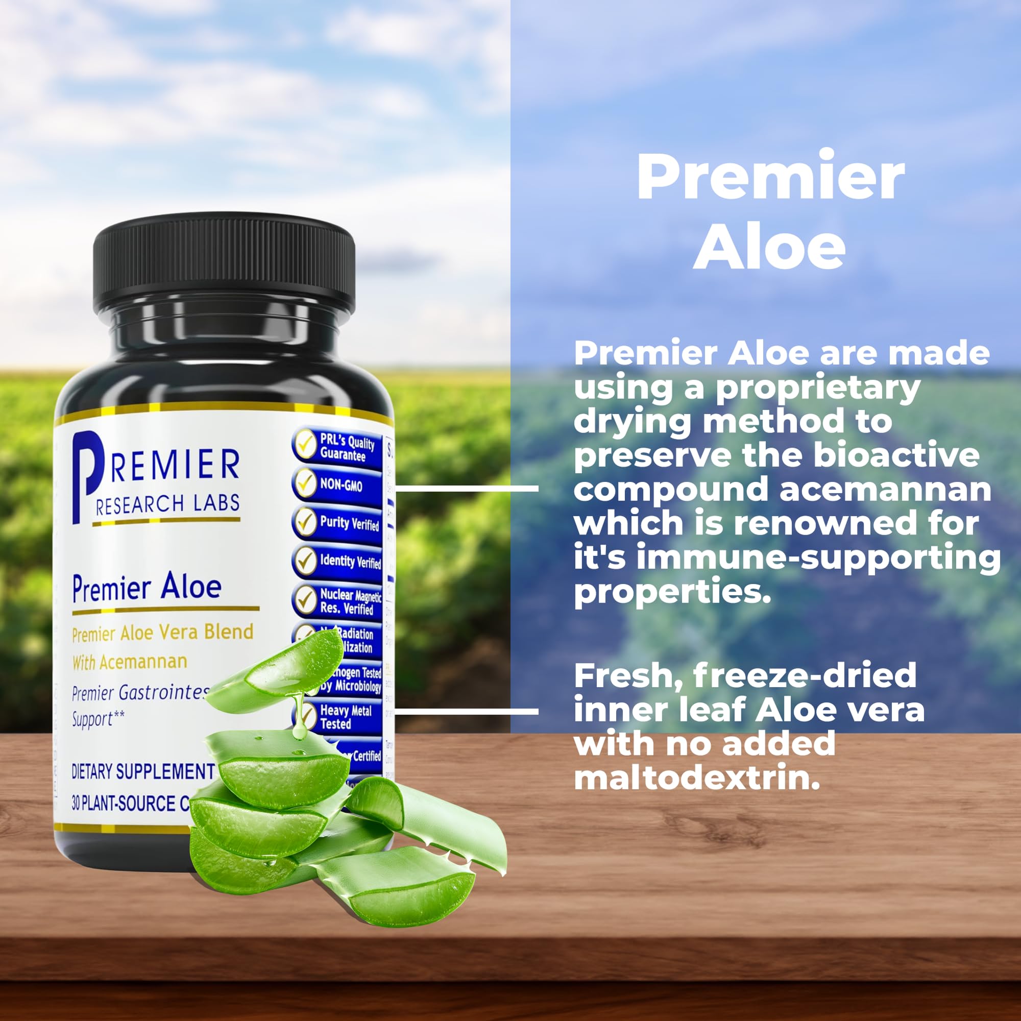 Premier Aloe acemannan close-up emphasizing preserved bioactives for immune support.